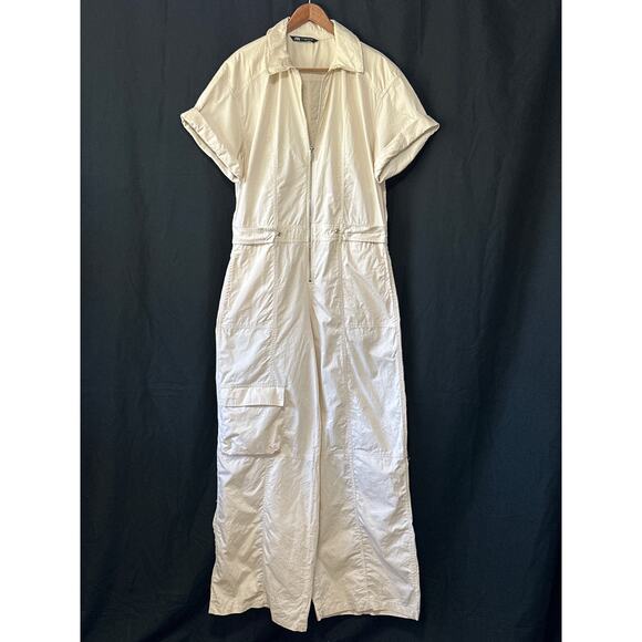 Zara Long Utility Bloggers Fav Jumpsuit S Cream Wide Leg Streetwear Gorpcore - Picture 1 of 14